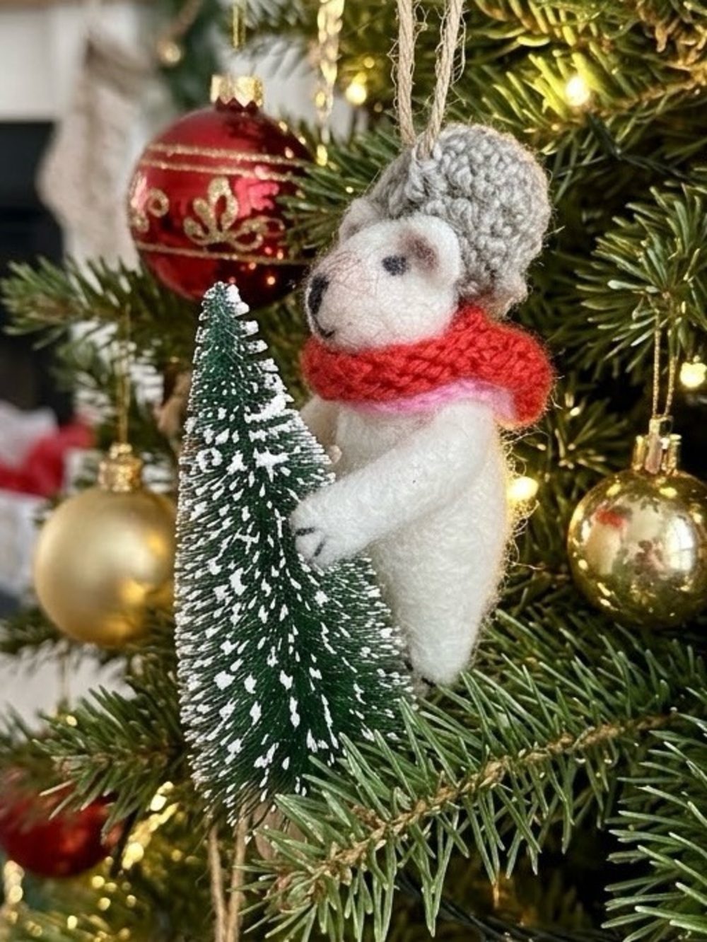 Handcrafted Felted Polar Bear with Mini Bottle Brush Tree Christmas Ornament